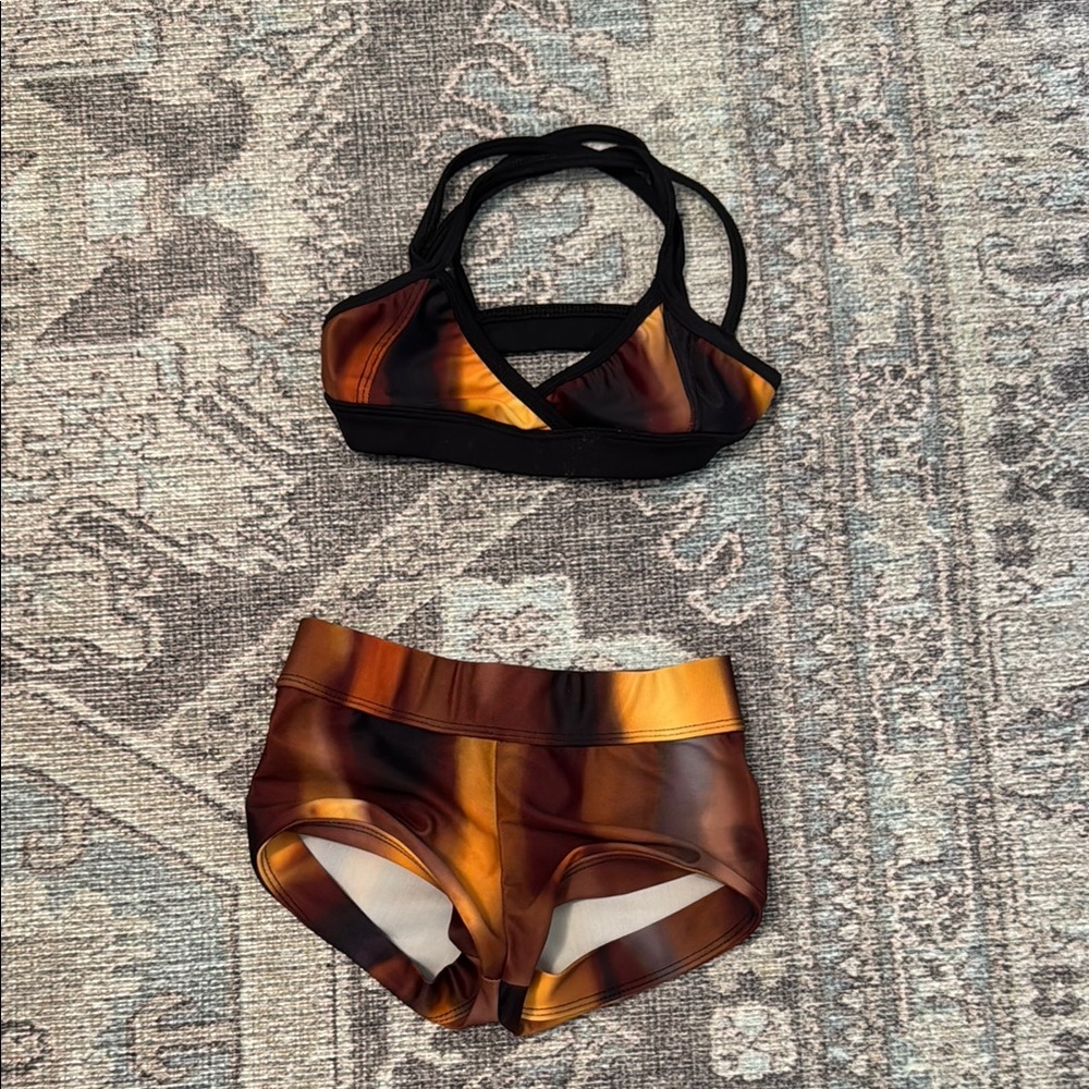 Brown and Black Sports Bra and Shorts Set